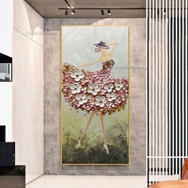 Ballerina di danza classica pittura a olio su tela fatta a mano grande tela astratta arte della parete fiori rosa astratti gonna persone pittura per soggiorno decorazione della casa come miglior regalo