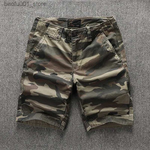 Shorts masculinos verão camuflagem bens de manga curta mens lazer ao ar livre 100% algodão puro respirável oversized multi bolso calças vintage para homens q240329