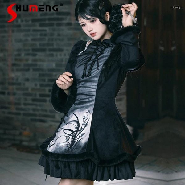 Vestidos casuais design de moda japonesa estilo chinês impresso curto cheongsam com bloco de peito outono e inverno grosso lolita manga longa