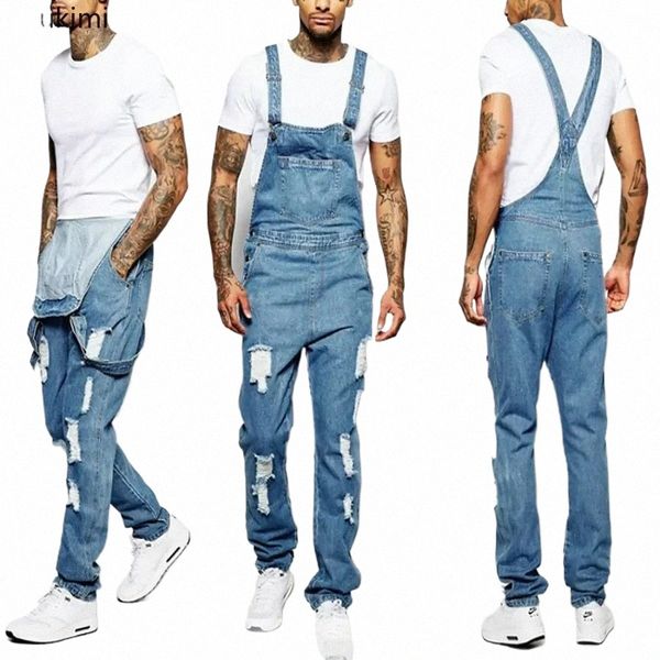 2024 masculino rasgado denim macacão comprimento total suspender calças homme jeans high street macacão disredd calças casuais masculino z1jk #