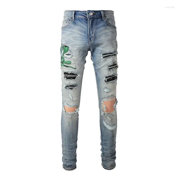 Jeans masculinos luz azul bordado cobra retalhos high street stretch angustiado slim fit rasgado homens