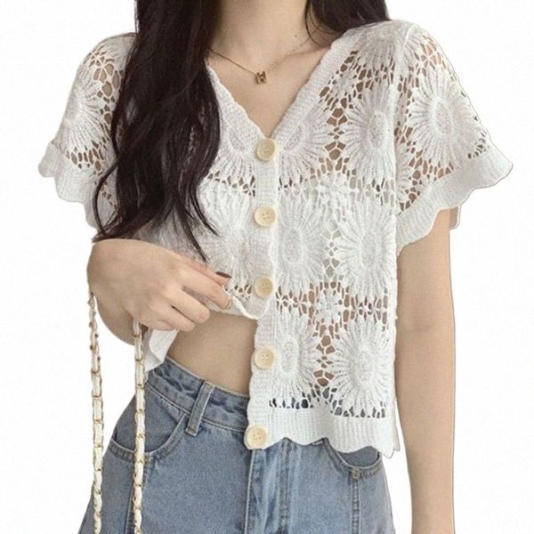 2023 verão gancho floral rendas blusas curtas mulher coreano bunda de malha cardigan casaco feminino all-match com decote em v blusa de manga curta o97h #