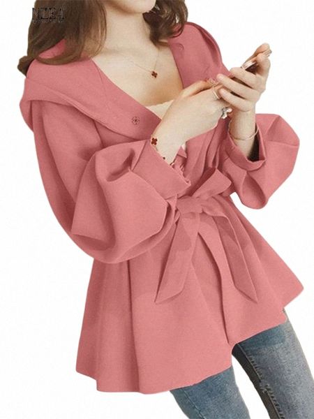 Zanzea Donna Giacca con cappuccio 2024 Autunno Cappotti solidi Fi Colletto bavero Giubbotti Casual Fasciatura allentata Lg Lantern Sleeve Outwear Y75U #