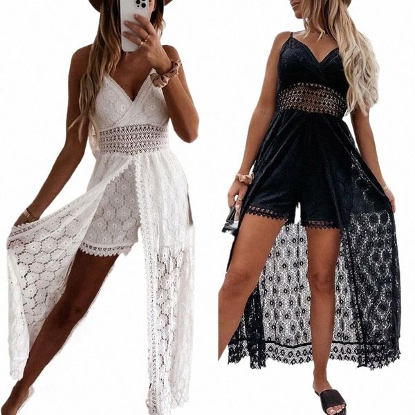 estate popolare Lg Dr White Women Jumpsuit Pantaloncini sexy Playsuit Lace Hollow-Out Sleevel per Vacati Pagliaccetti a vita alta C3Th #