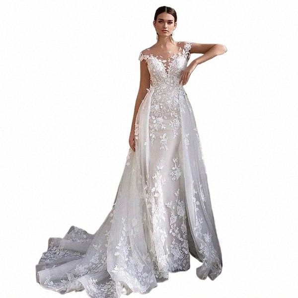 matrimonio Dr 2024 maniche corte Lacde Appliques sirena da sposa Dr con strascico staccabile sopra gonna abiti da sposa in pizzo c6w8 #