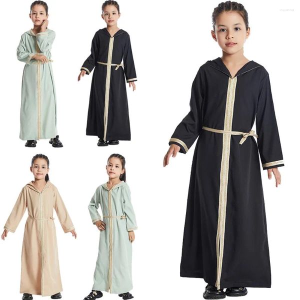Этническая одежда для девочек, детское мусульманское платье Абая, исламское однотонное платье в Дубае, детский халат с капюшоном для Ид, Рамадана, арабский кафтан