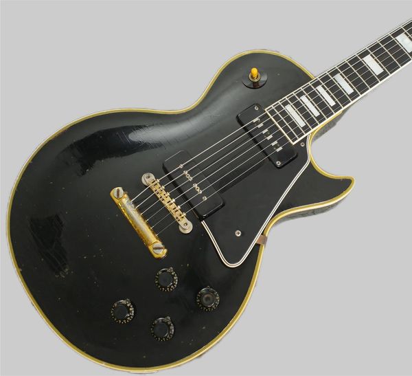 Özel 1958 Reissue P90 Pickup Siyah Güzellik Elektro Gitar Ebony Klavye, Sarı 5 Kat Bağlanma, Siyah Pickguard, Beyaz İnci Blok Kakmı