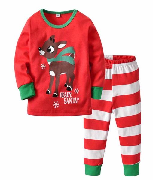 Домашняя одежда Children039s Рождественский пижамный комплект Children039s для мальчиков и девочек, красные штаны в полоску с рождественским оленем и принтом, twopie6707157