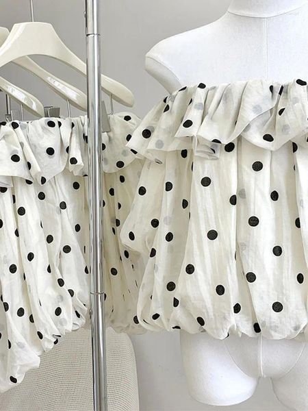 Damenblusen Trend Polka Dot Frauen Crop Top Slash Neck 2000er Jahre koreanische Bürodame Ärmelhemden Mori Girl Eleganz Kpop