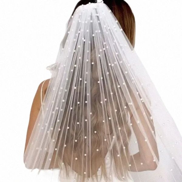 Uma camada de pérolas tule véu de noiva macio frisado para casamento noiva catedral comprimento com pente acessórios de casamento m4U5 #