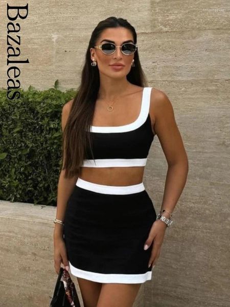 Abiti da lavoro Bazaleas-Elegante Bianco Nero Patchwork Tuta Crop Top Minigonna Cotone Elastico Set 2 pezzi Skinny Ufficiale 2024