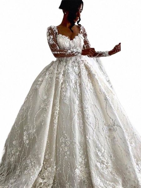 lusso Ivory Wedding Dres arabo 3D floreale Illusi Lg maniche O-collo Butt Back Royal Abiti da sposa Abiti da sposa v7RH #