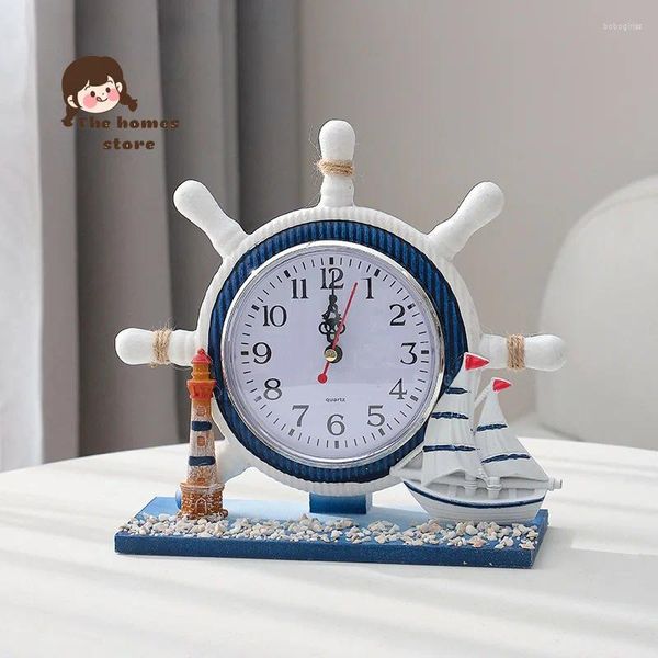 Relógios de mesa relógio de mesa para decoração mediterrâneo desktop decorações de madeira vela timoneiro assento arte ornamentos artesanato