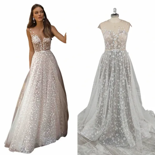 13124 # Foto reali Elegante maniche Illusi Back bordare pizzo con paillettes Frs A-line Wedding Dr 2024 Abito da sposa per le donne V9DJ #