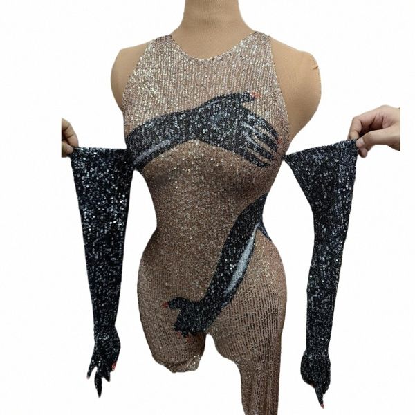 Glänzende Pailletten Abend Prom Feiern Geburtstag Overall Sexy Schwarz Hand Bodyc Bodysuit Handschuhe Frauen Zeigen Bühne Tragen Heishou U0Ci #