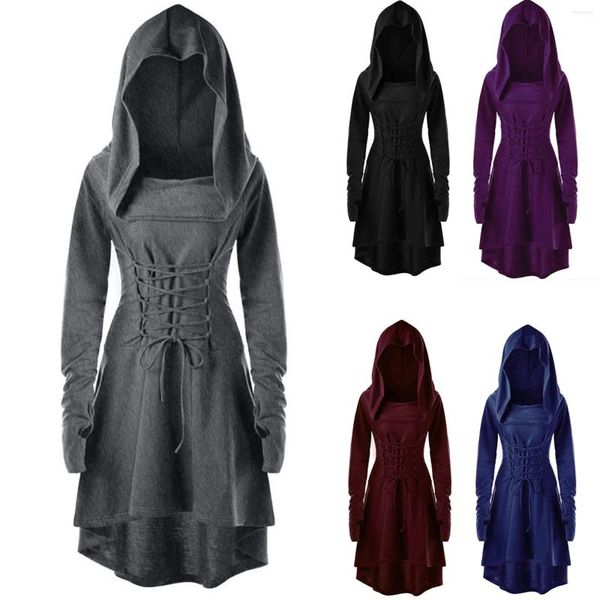 Vestidos casuais vintage mulheres cosplay medieval renascentista archer trajes com capuz robe lace up pulôver longo vestido com capuz manto halloween