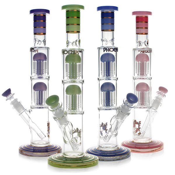 Phoenix 13.8 '' Glass Recycler Bong Water Pipes Water Acqua Burner Olio Burner Bongs Fumano tubi con doppia linea d'oro a 8 armi percs 24k