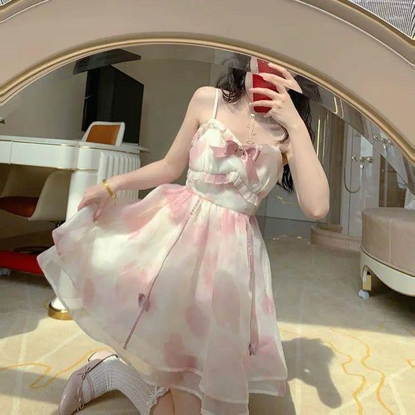 Casual Kleider Sommer Süße Sling Mini Kleid Für Frauen Bowknot Spaghetti Strap Ärmellose Rüschen Koreanische Nette Urlaub Party