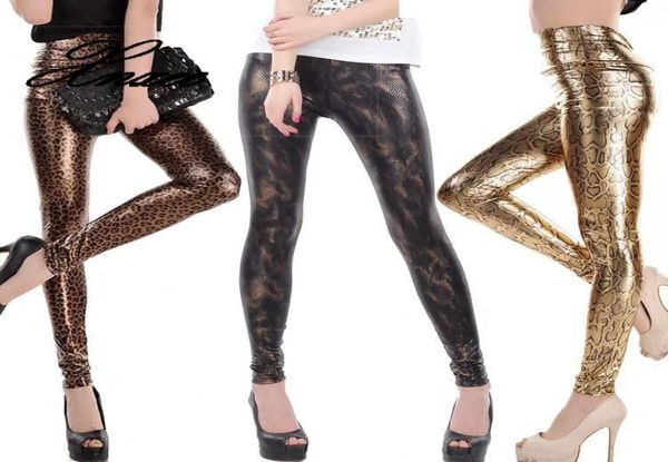 Xnxee senhora moda magro leggings cintura alta magro legging feminino preto ouro cobra impresso calça tamanho pequeno calças de couro falso3509332