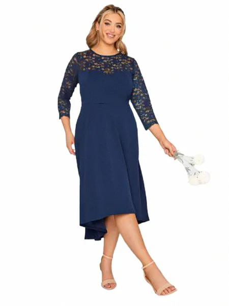 Plus Size Dres para Mulheres Azul Marinho Lace Doce Midi Dr Formal Dr A-Line Festa de Casamento Banquete Prom Roupas Femininas j2TA #