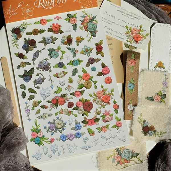 Confezione regalo Vintage Little Rose Ins Systy Materiale di trasferimento Adesivi di carta Srapbooking Diario fai da te Ablum Adesivo decorativo in tessuto Piante