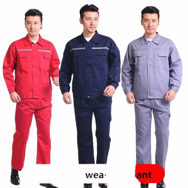 Conjuntos de roupas de trabalho Homens Mulheres Jaqueta reflexiva + calças Reparadores de máquinas resistentes ao desgaste Macacões de oficina Engenheiro Uniforme de trabalho L9Gd #