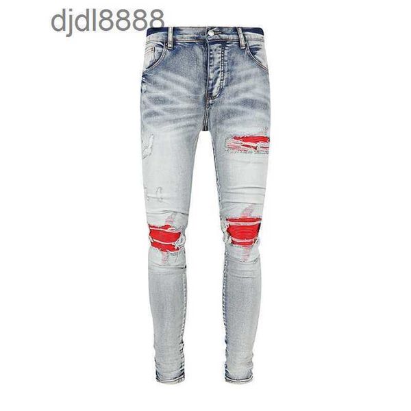 Calças de grife masculinas 2023 New Blue Jeans Red Split Leather Fashion Mens