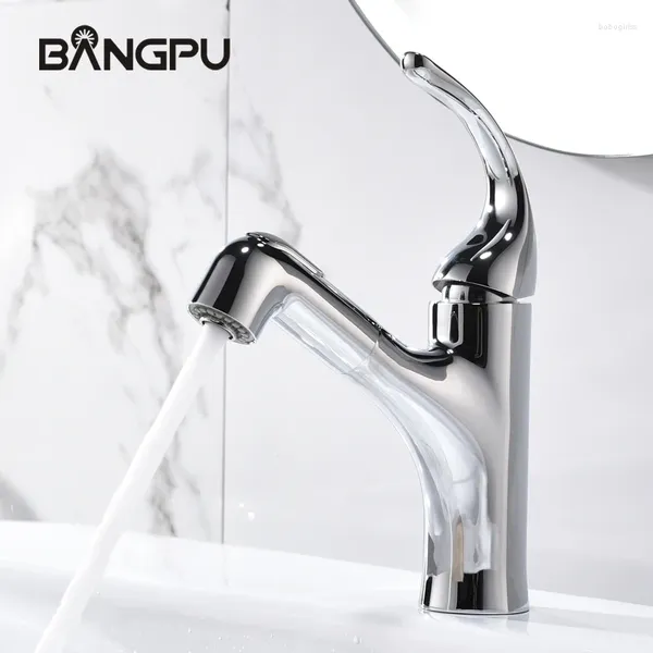 Rubinetti per lavandino del bagno BANGPU Rubinetto estraibile 2 funzioni Beccuccio monocomando Ugello spruzzatore a getto Montaggio su piano cromato