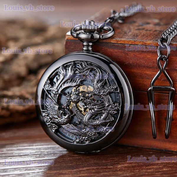 Andere Uhren Retro mechanische Tasche Dragon Play Ball Steampunk Skeleton Handaufzug Flip Clock Fob mit Kette Double Hunter Geschenk T240329