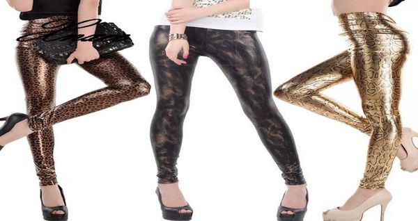 Xnxee senhora moda magro leggings cintura alta magro legging feminino preto ouro cobra impresso calça tamanho pequeno calças de couro falso5973814