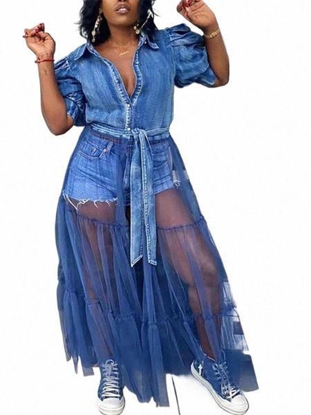 Plus Size Dres Abbigliamento donna Camicia elegante Lg Denim Dr Mesh Patchwork Jeans da donna Dr Dropship all'ingrosso all'ingrosso l2Cm #