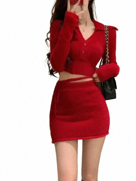 Weihnachten Dr Red Gestrickte Zwei Stück Set Frauen Koreanische Party Pullover Rock Anzug Weibliche Warme Bandage Sexy Dünne Mini Rock set O7UV #