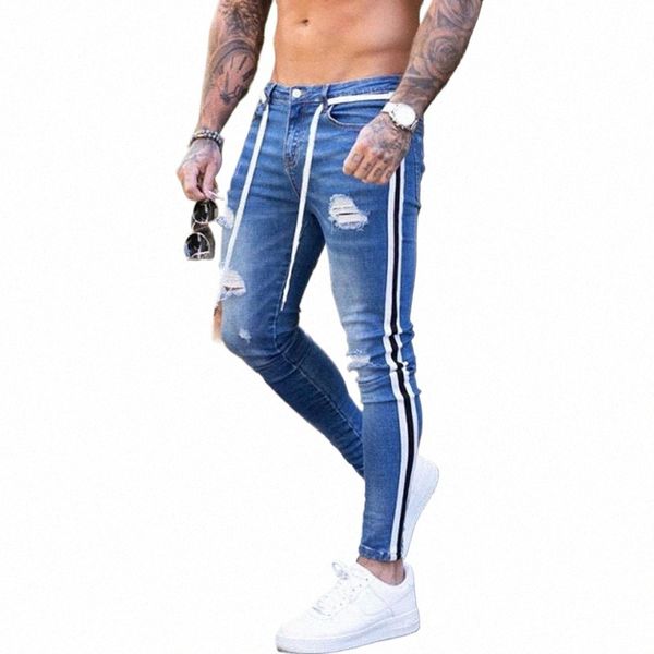 moda uomo skinny jeans biker distrutto sfilacciato fit denim strappato pantaloni di jeans banda laterale pantaloni a matita hip hop streetwear V1IW #