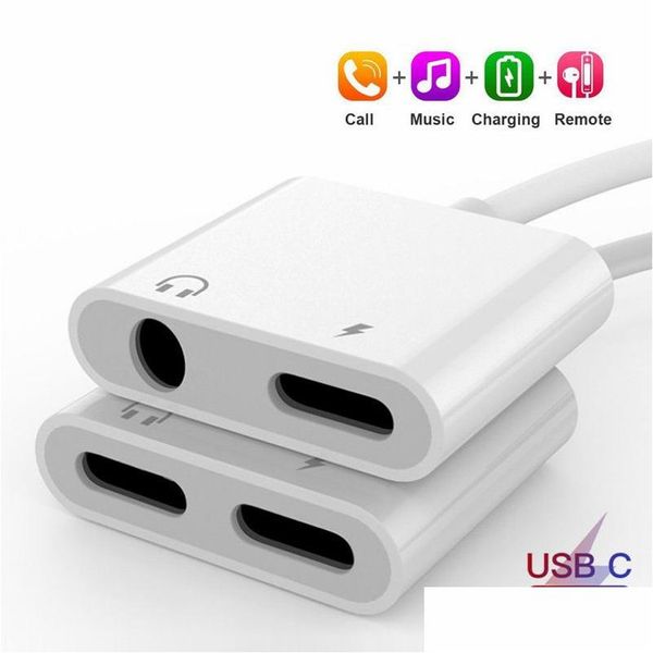 Adaptadores de telefone celular 2 em 1 Dual Type C Jack Adaptador de fone de ouvido para S20 S10 Huawei USB para 3,5mm Aux O Headphones Splitter Carregamento Drop D Otyqc