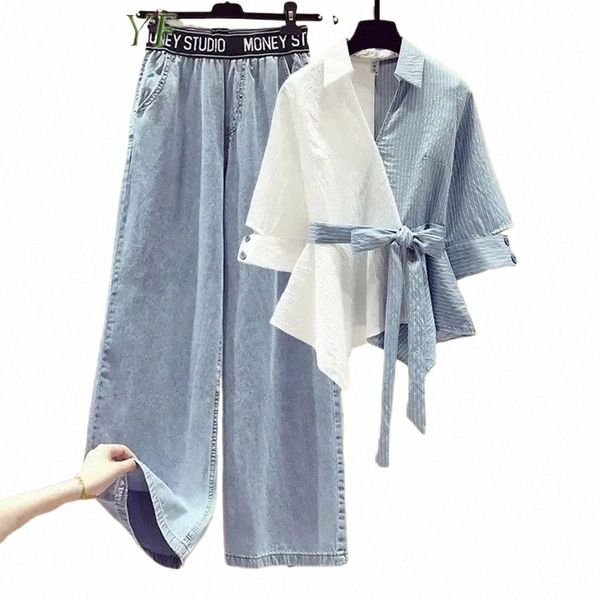 Damen 2024 Frühling / Sommer Neues passendes Set Koreanisches elegantes Spleißen Hemd + Jeans Zweiteiler Weibliche Vintage-Bluse Denim-Hosenanzug B9nA #