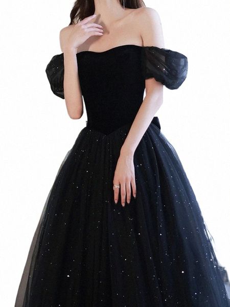 Drapeado Black Square Collar Mulheres Evening Dr Puff Sleeve Boat Neck Cross Lace Up Prom Dres Tiered Party Femme Vestidos e9Qi #