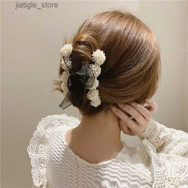 Fermagli per capelli Moda piccola perla palla filato netto bowknot antiscivolo capelli artiglio femminile temperamento femminile grande perla fiore accessori per capelli Y240329