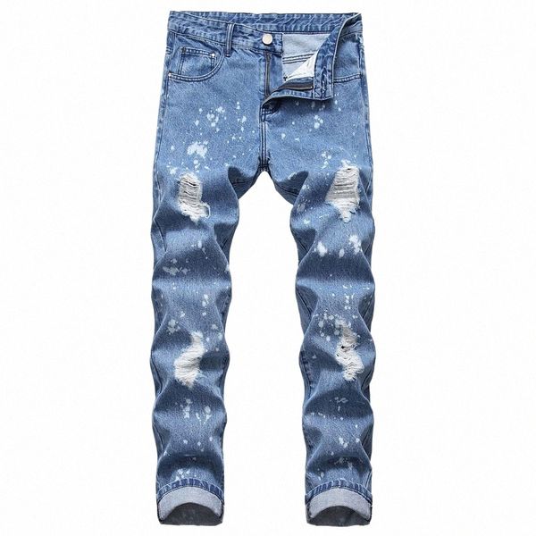 Jeans Männer Zerrissene Denim Jeans für Männer Gerade Pantales Hombre Jeans Para Hombre Blau Distred Weiß Dot Männliche Hosen N0F9 #