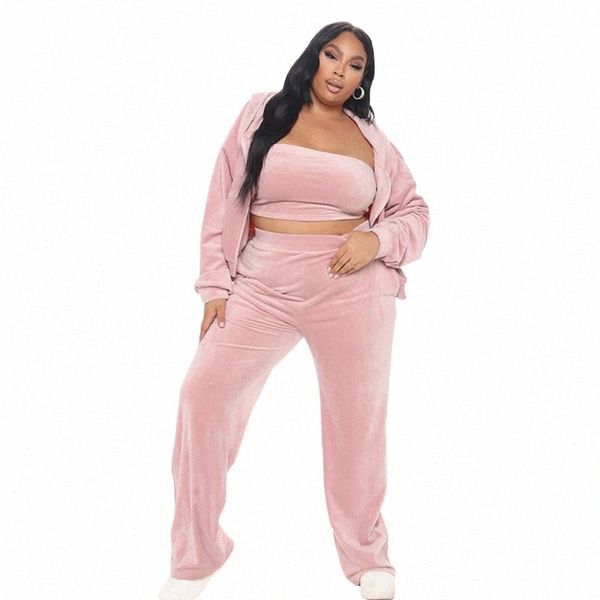 Plus Size Set Frauen Velours Trainingsanzug Sexy Weste und Lg Ärmel mit Kapuze Hosen Sets Damen Jogginganzüge Dropship Großhandel u19c #