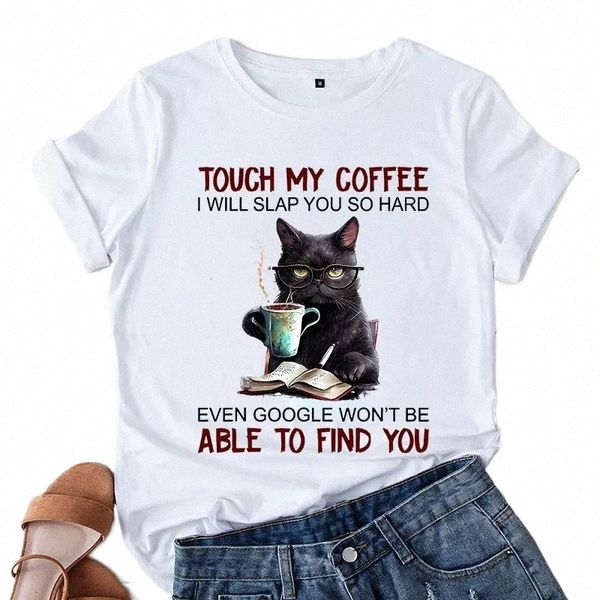Carto irritado gato preto camisetas roupas femininas toque meu café eu vou dar um tapa em você tão duro animais vintage camisetas femininas w87a #