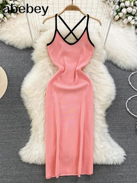 Lässige Kleider Rosa / Schwarz Halter Sommer Strick Sexy Trägerkleid Frauen Elatic Taille Figurbetontes Sommerkleid Weiblicher Strand Rückenfrei Lang