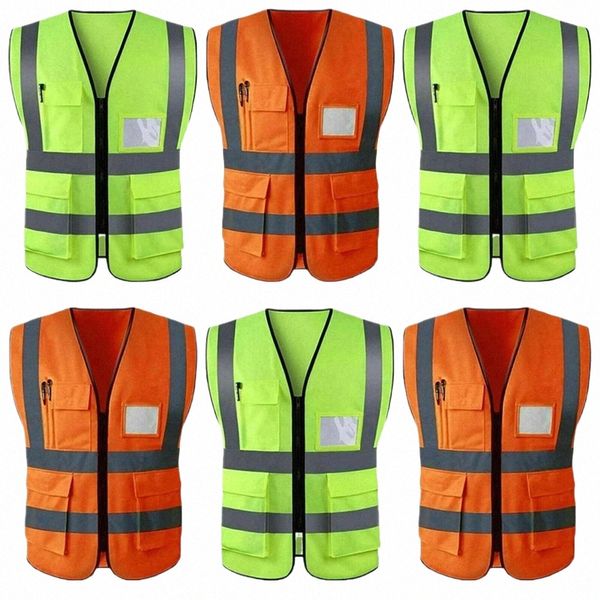 Gelb Orange Jacke Sicherheitsstreifen Weste Wable Warnweste Reflektierende Sicherheitsweste mit Taschen Hohe Sichtbarkeit x6Z7 #