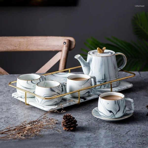 Set da tè Stile nordico Marmo Ceramica Set da tè Caffè Latte Teiera Tazza e piattino Vassoio Soggiorno Tavolo da pranzo Decorazioni per la casa
