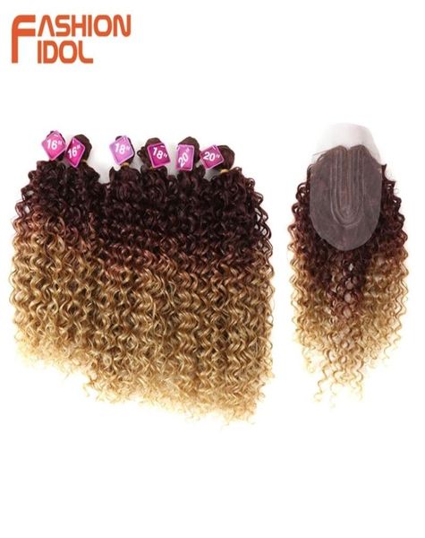 Moda ídolo afro kinky extensões de cabelo encaracolado 16-10 polegada pacotes de cabelo sintético rendas com fechamento tecer cabelo falso 2106159623477