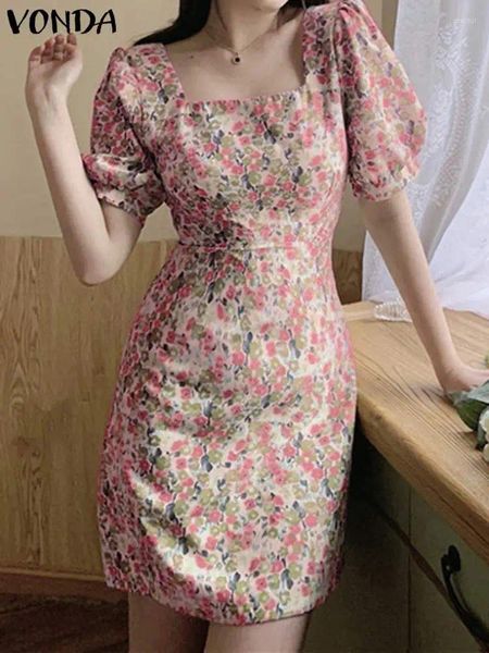 Partykleider VONDA 2024 Sommer Bohemian Sexy Floral Bedruckte Strand Minikleid Frauen Square Neck Short Puff Sleeve Casual Sommerkleid Robe Femme