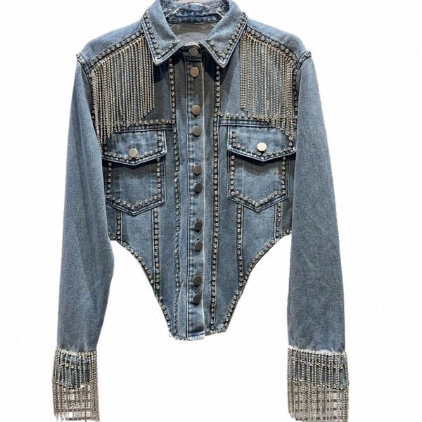 Spicy Girl Streetwear Rhinest Quasten Perlen Denim Mantel Bareback Diamds Fransen Jeans Jacke Kristall Cardigan Jaquetas 22qh #