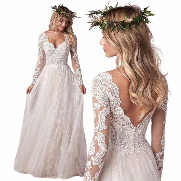 lsyx Bohemian Lg maniche da sposa Dr per le donne corsetto schiena bassa lunghezza del pavimento pizzo appliques bianco tulle Chiff abito da sposa E1ZN #