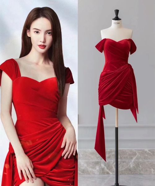 Elegante curto vermelho querida celebridade vestidos bainha veludo mini comprimento zíper voltar vestidos de baile para mulher
