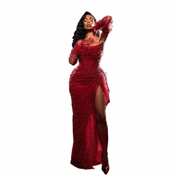 Pérolas de luxo vermelho escuro Prom Dres com mangas destacáveis ​​Luvas Sexy Strapl alta fenda formal noite Dr Lg vestido de festa O62A #