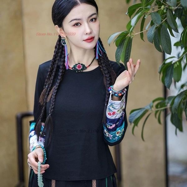 Ethnische Kleidung 2024 Chinesisches traditionelles O-Ausschnitt-T-Shirt Nationale Blumenstickerei Volkshemd Hanfu Tops Orientalische Streetwear Retro-Basis